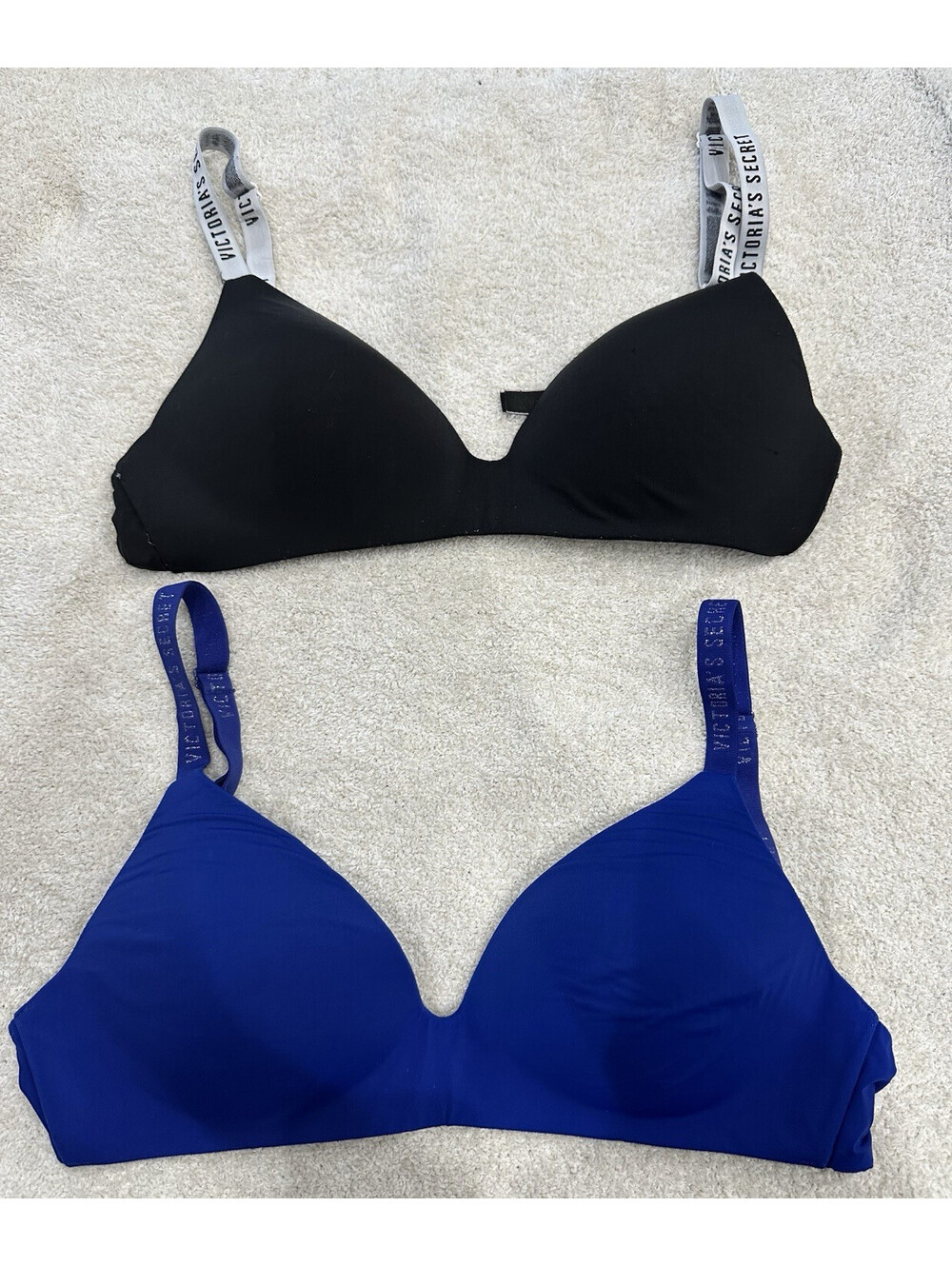 2- Victoria's Secret Wireless Padded T-Shirt Bra 34C Black Blue Logo Straps
